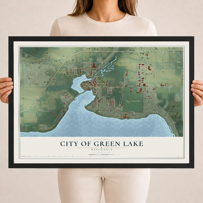 Map of Green Lake, Wisconsin, 18 x 24 inch print in a black wood frame