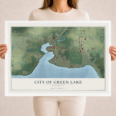 Map of Green Lake, Wisconsin, 18 x 24 inch print in a white wood frame
