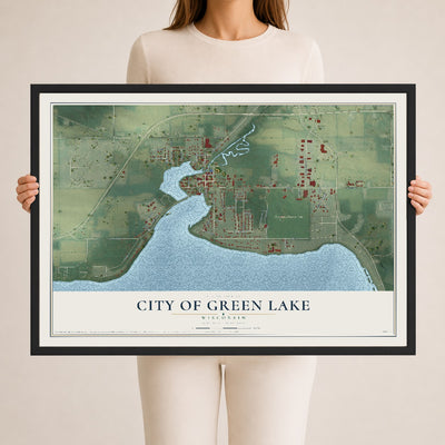 Map of Green Lake, Wisconsin, 24 x 36 inch print in a black wood frame