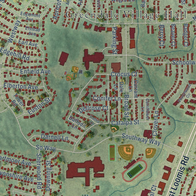 Second close-up of the map of Greendale, Wisconsin print showing more streets and buildings