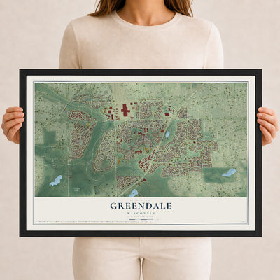 Map of Greendale, Wisconsin, 12 x 18 inch print in a black wood frame