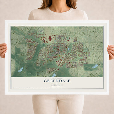 Map of Greendale, Wisconsin, 18 x 24 inch print in a white wood frame