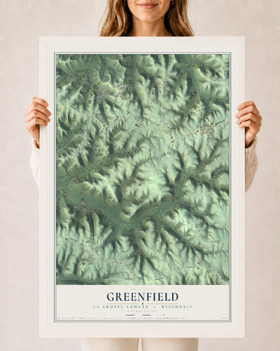 Map of Greenfield, La Crosse County, Wisconsin, 24 x 36 inch print in a white wood frame