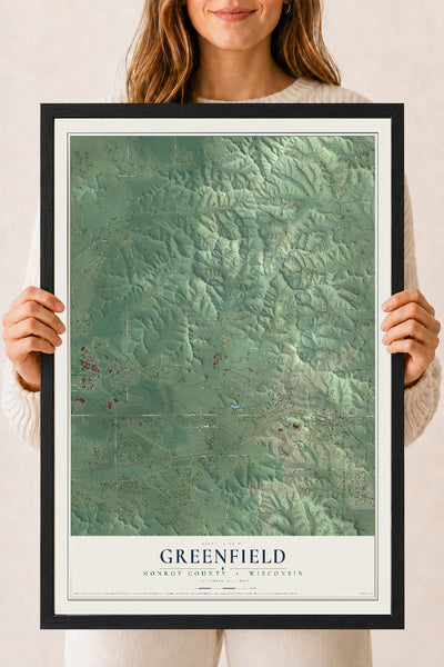 Map of Greenfield, Monroe County, Wisconsin, 18 x 24 inch print in a black wood frame