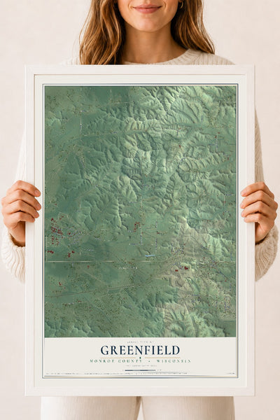 Map of Greenfield, Monroe County, Wisconsin, 18 x 24 inch print in a white wood frame