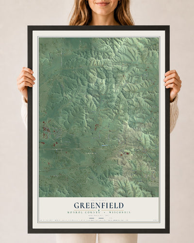 Map of Greenfield, Monroe County, Wisconsin, 24 x 36 inch print in a black wood frame