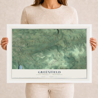 Map of Greenfield, Sauk County, Wisconsin, 12 x 18 inch print in a white wood frame
