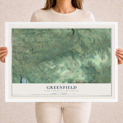Map of Greenfield, Sauk County, Wisconsin, 18 x 24 inch print in a white wood frame