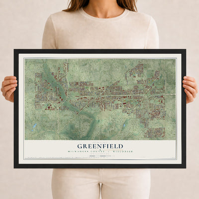 Map of Greenfield, Milwaukee County, Wisconsin, 12 x 18 inch print in a black wood frame