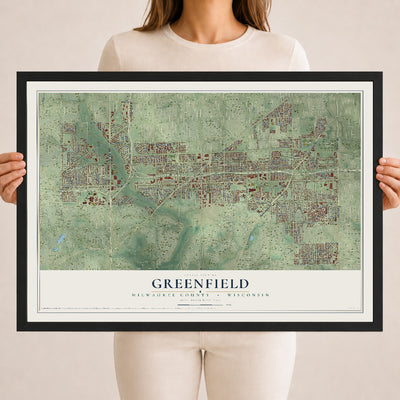 Map of Greenfield, Milwaukee County, Wisconsin, 18 x 24 inch print in a black wood frame