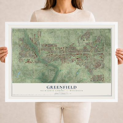 Map of Greenfield, Milwaukee County, Wisconsin, 18 x 24 inch print in a white wood frame