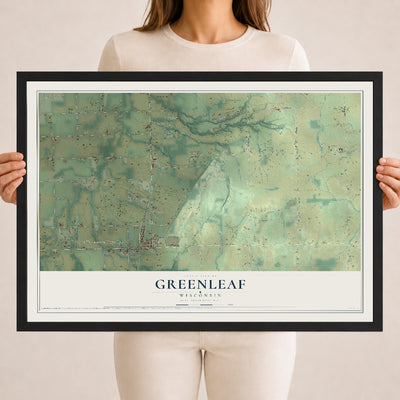 Map of Greenleaf, Wisconsin, 18 x 24 inch print in a black wood frame