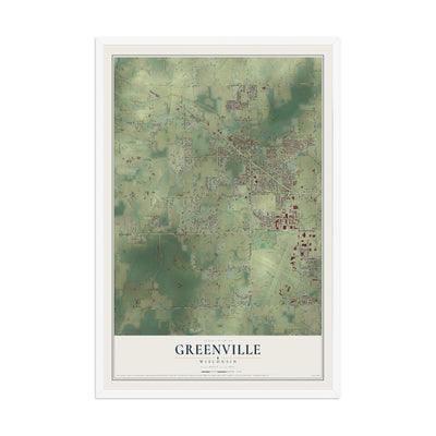 Map of Greenville, Wisconsin, 12 x 18 inch print in a white wood frame