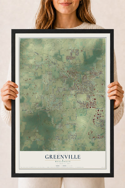 Map of Greenville, Wisconsin, 18 x 24 inch print in a black wood frame