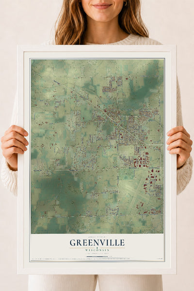 Map of Greenville, Wisconsin, 18 x 24 inch print in a white wood frame