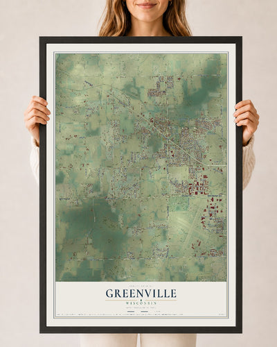 Map of Greenville, Wisconsin, 24 x 36 inch print in a black wood frame