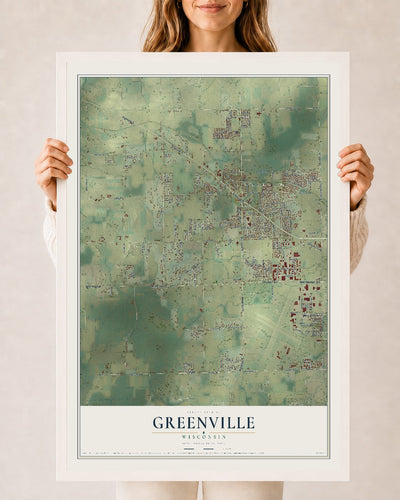 Map of Greenville, Wisconsin, 24 x 36 inch print in a white wood frame