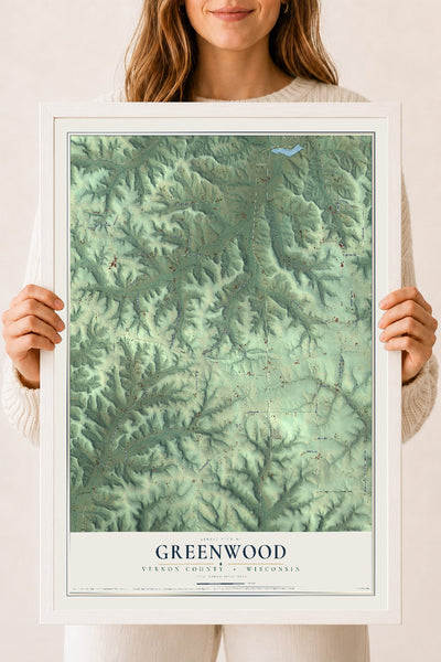 Map of Greenwood, Vernon County, Wisconsin, 18 x 24 inch print in a white wood frame