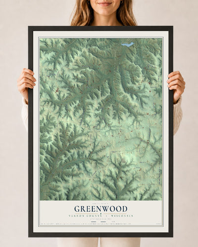Map of Greenwood, Vernon County, Wisconsin, 24 x 36 inch print in a black wood frame
