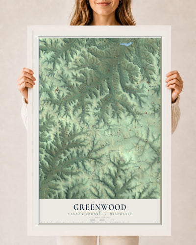 Map of Greenwood, Vernon County, Wisconsin, 24 x 36 inch print in a white wood frame