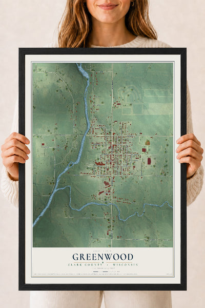 Map of Greenwood, Clark County, Wisconsin, 18 x 24 inch print in a black wood frame
