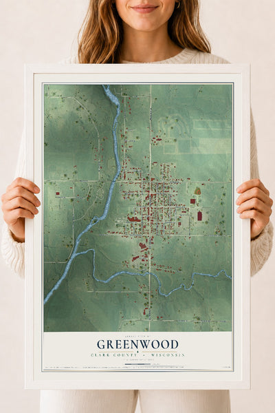 Map of Greenwood, Clark County, Wisconsin, 18 x 24 inch print in a white wood frame