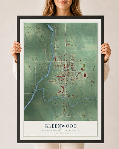Map of Greenwood, Clark County, Wisconsin, 24 x 36 inch print in a black wood frame