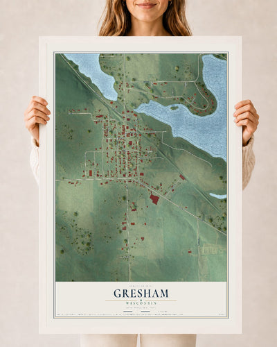 Map of Gresham, Wisconsin, 24 x 36 inch print in a white wood frame