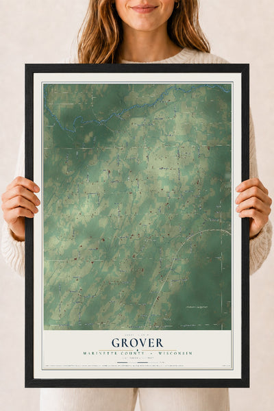 Map of Grover, Marinette County, Wisconsin, 18 x 24 inch print in a black wood frame