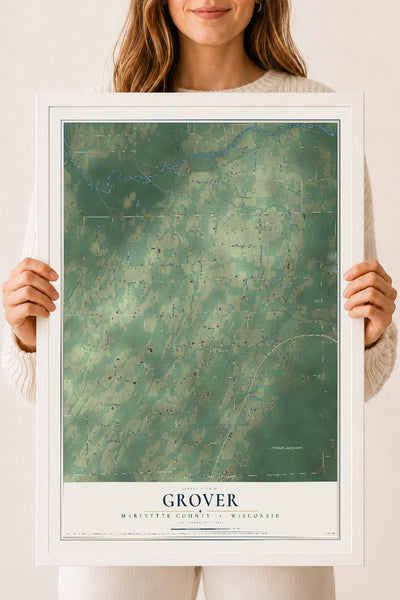 Map of Grover, Marinette County, Wisconsin, 18 x 24 inch print in a white wood frame