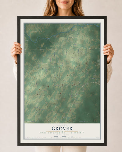 Map of Grover, Marinette County, Wisconsin, 24 x 36 inch print in a black wood frame