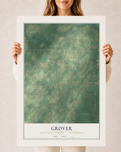 Map of Grover, Marinette County, Wisconsin, 24 x 36 inch print in a white wood frame