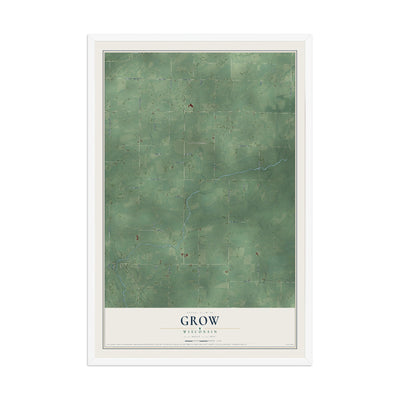 Map of Grow, Wisconsin, 12 x 18 inch print in a white wood frame