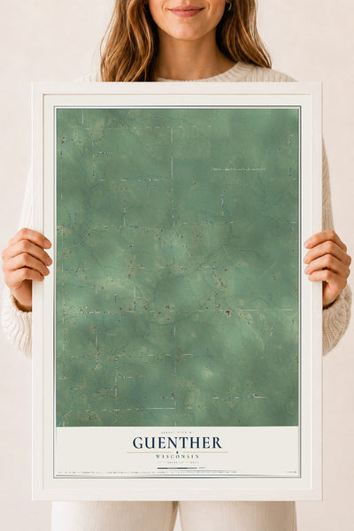 Map of Guenther, Wisconsin, 18 x 24 inch print in a white wood frame