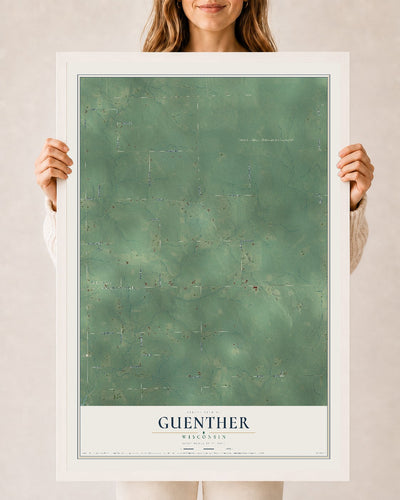 Map of Guenther, Wisconsin, 24 x 36 inch print in a white wood frame