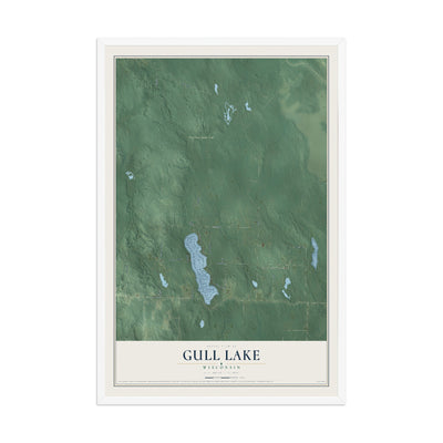 Map of Gull Lake, Wisconsin, 12 x 18 inch print in a white wood frame