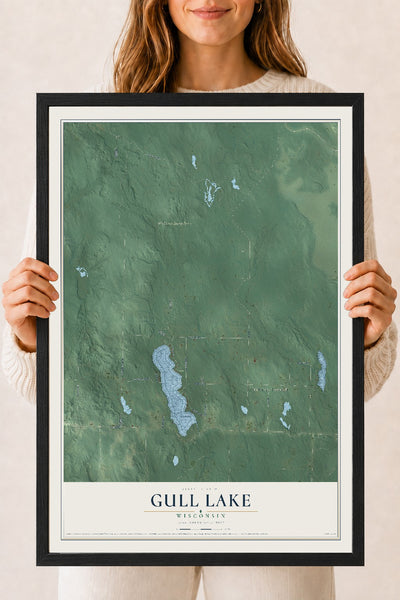 Map of Gull Lake, Wisconsin, 18 x 24 inch print in a black wood frame