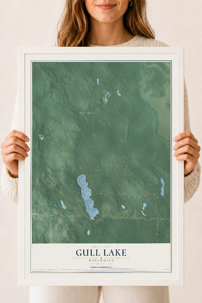 Map of Gull Lake, Wisconsin, 18 x 24 inch print in a white wood frame