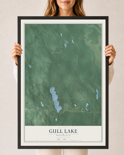 Map of Gull Lake, Wisconsin, 24 x 36 inch print in a black wood frame