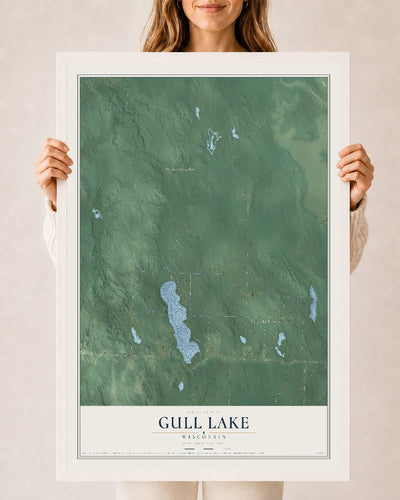 Map of Gull Lake, Wisconsin, 24 x 36 inch print in a white wood frame