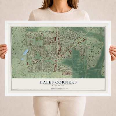 Map of Hales Corners, Wisconsin, 18 x 24 inch print in a white wood frame