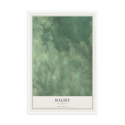 Map of Halsey, Wisconsin, 12 x 18 inch print in a white wood frame