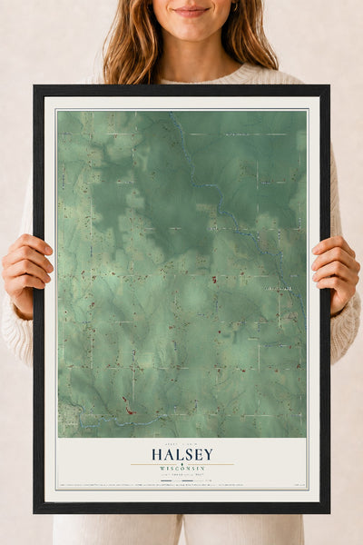 Map of Halsey, Wisconsin, 18 x 24 inch print in a black wood frame