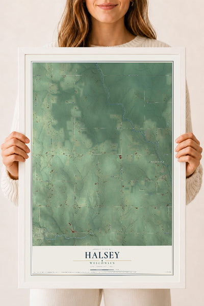 Map of Halsey, Wisconsin, 18 x 24 inch print in a white wood frame