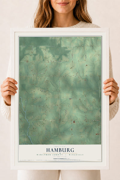 Map of Hamburg, Marathon County, Wisconsin, 18 x 24 inch print in a white wood frame