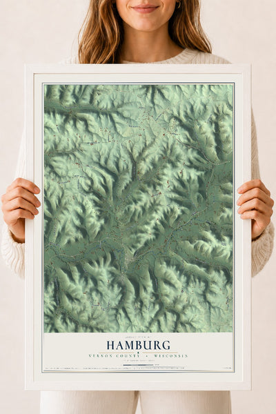 Map of Hamburg, Vernon County, Wisconsin, 18 x 24 inch print in a white wood frame