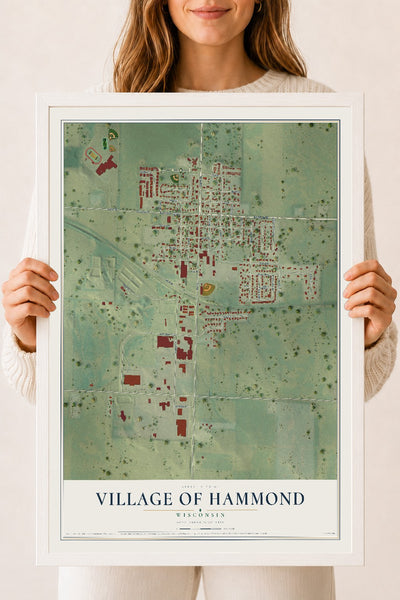 Map of Hammond, Wisconsin, 18 x 24 inch print in a white wood frame