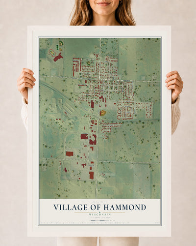 Map of Hammond, Wisconsin, 24 x 36 inch print in a white wood frame