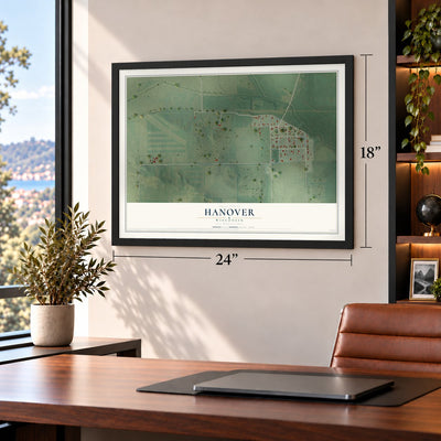 Hanover, Wisconsin map, 18 x 24 inch print in a black frame in a home office