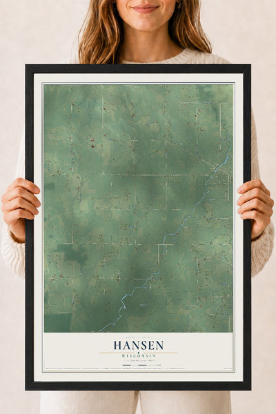 Map of Hansen, Wisconsin, 18 x 24 inch print in a black wood frame